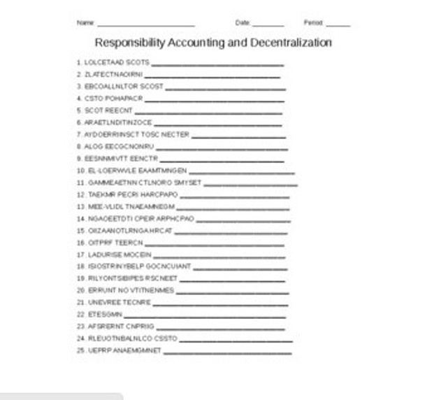 Responsibility Accounting and Decentralization in Accounting Word Scramble