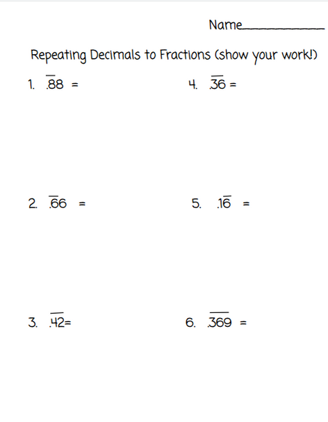 Repeating Decimals to Fractions - Digital and Printable