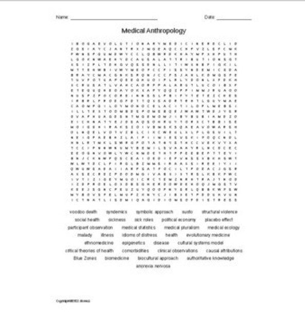 Medical Anthropology Vocabulary Word Search