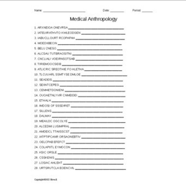 Medical Anthropology Vocabulary Word Scramble