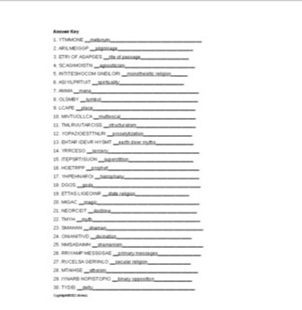 Religion and Culture Vocabulary Word Scramble