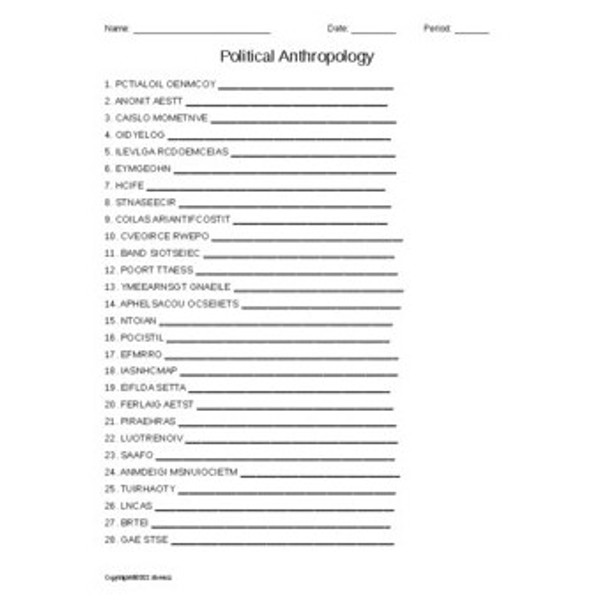 Political Anthropology Vocabulary Word Scramble