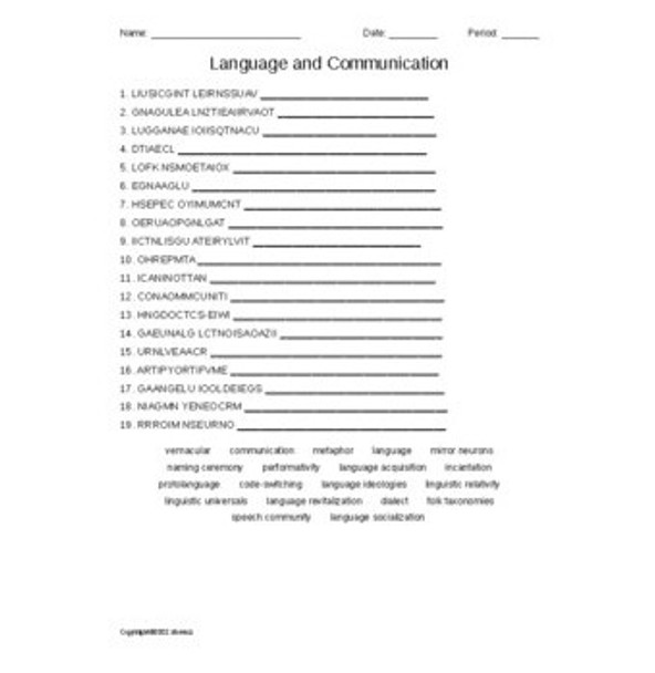 Language and Communication Vocabulary Word Scramble