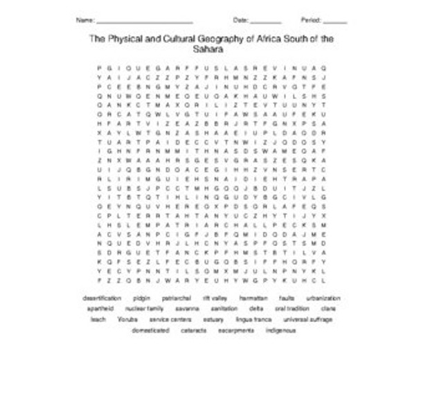 The Physical and Cultural Geography of Africa South of the Sahara Word Search