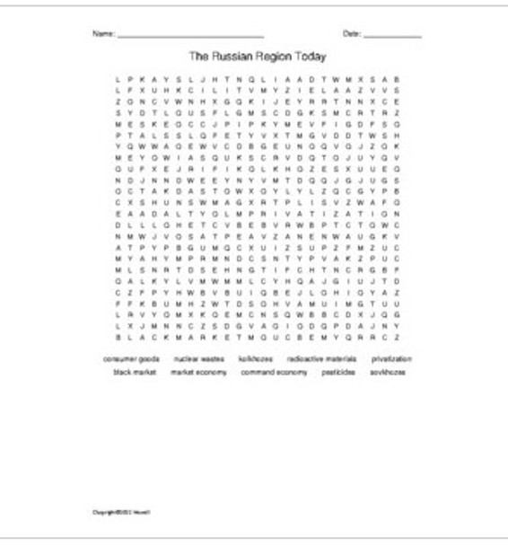 The Russian Region Today Word Search for World Geography