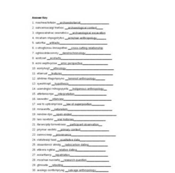 Cultural and Archaeological Methods Vocabulary Word Scramble