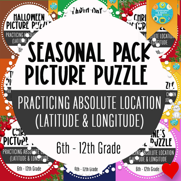 GEOGRAPHY SEASONAL PICTURE PUZZLE LATITUDE AND LONGITUDE ABSOLUTE LOCATION