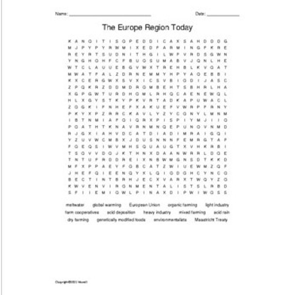 The European Region Today Word Search for World Geography