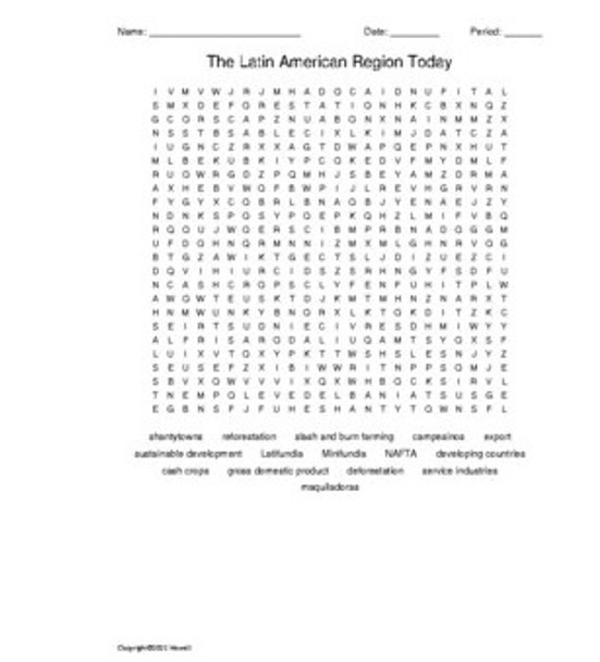 The Latin American Region Today Word Search for World Geography