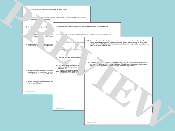 English Bill of Rights Primary Source Analysis and Creative Activities