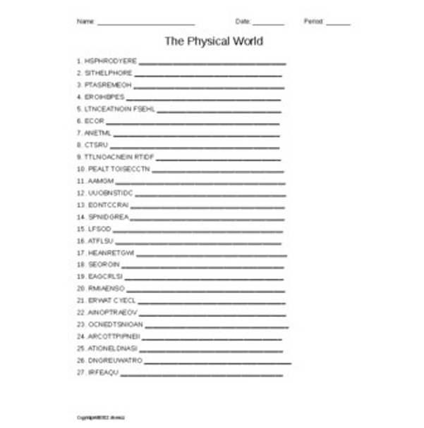 The Physical World Vocabulary Word Scramble for a World Geography Course