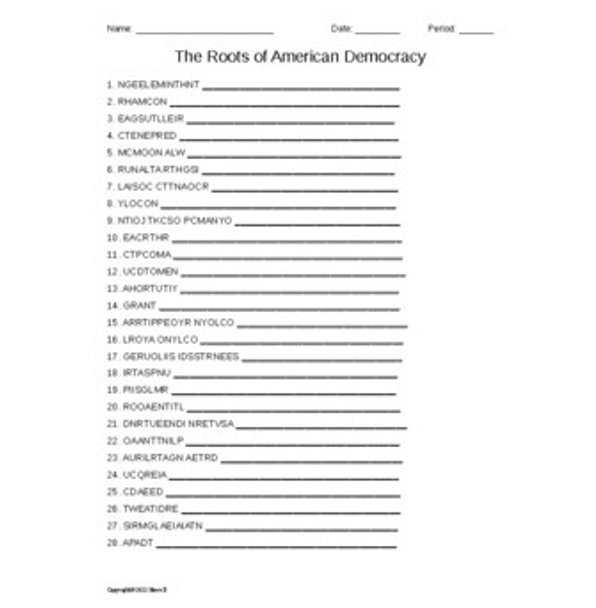 The Roots of American Democracy Vocabulary Word Scramble for a Civics Course