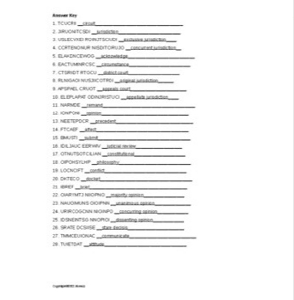 The Judicial Branch Vocabulary Word Scramble for a Civics Course