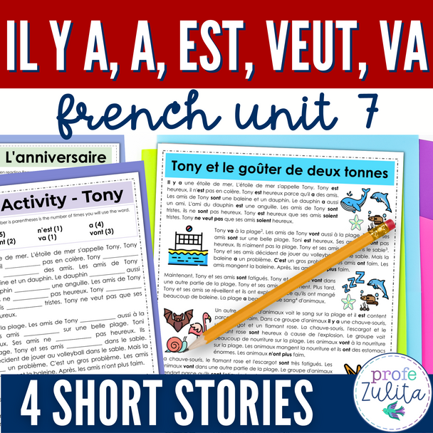 French Story Unit 7 - il y a, a, est, veut, va Comprehensible Story & Activities