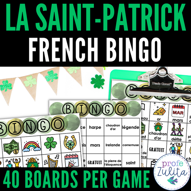 French St. Patrick's Day La Saint-Patrick Activity BINGO Games