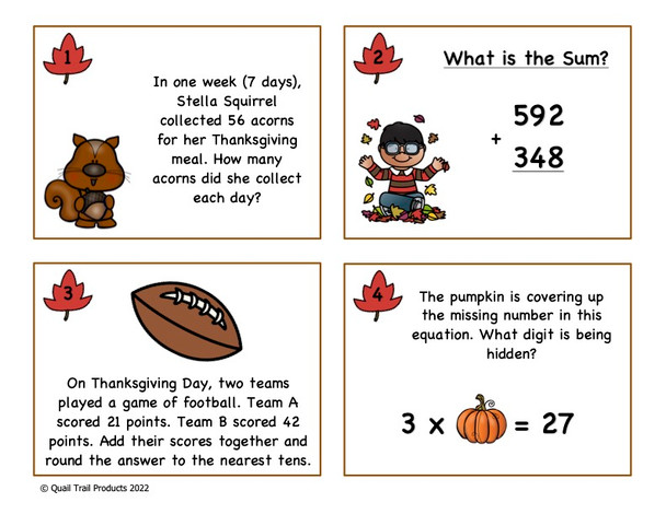 Grade 4 Thanksgiving Math Task Cards