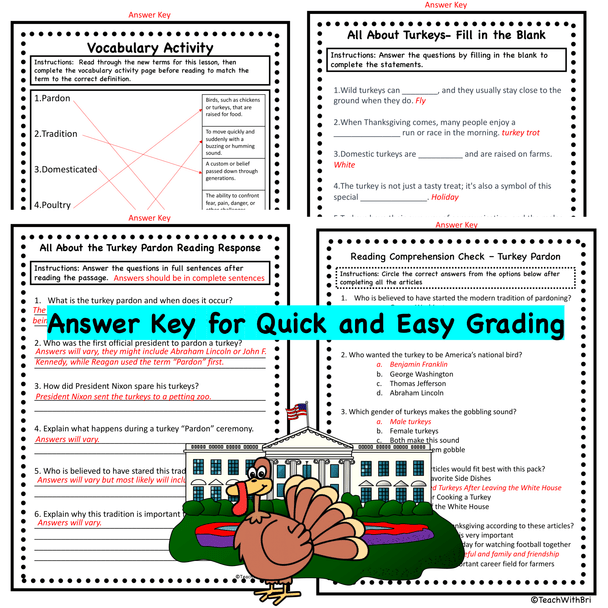 Turkey Pardon Reading Comprehension Worksheet Pack