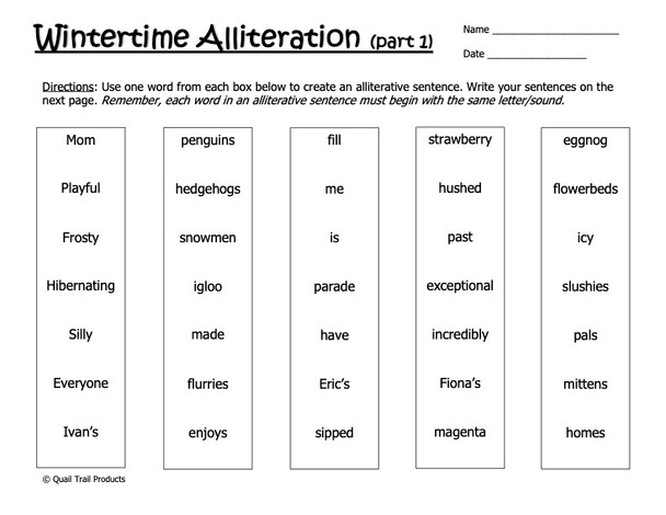 Winter Alliteration Worksheets