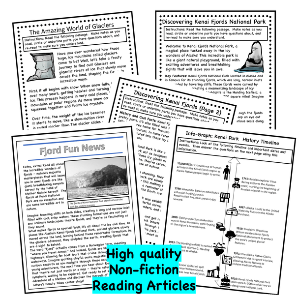 Glaciers of Kenai Fjords Reading and Science Comprehension Activity Pack