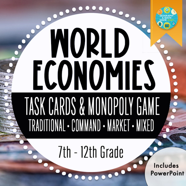 Geography: Types of Economies - Economic Systems Task Card, Monopoly Game, & PP