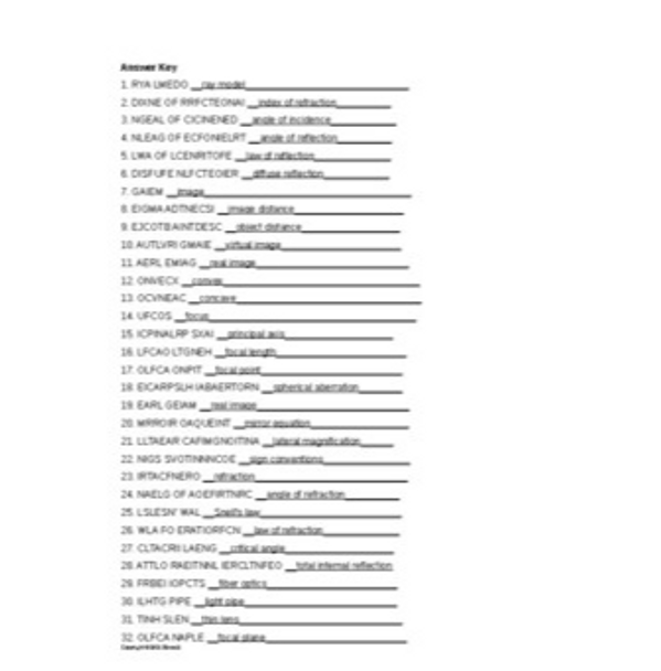 Light and Geometric Optics Vocabulary Word Scramble for Physics