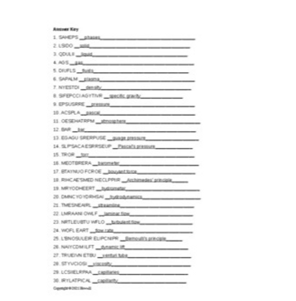 Fluids Vocabulary Word Scramble for Physics