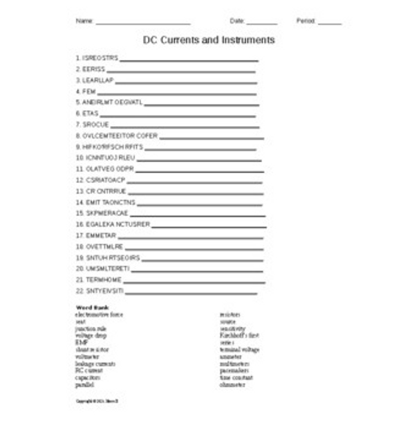 DC Currents and Instruments Word Scramble for Physics