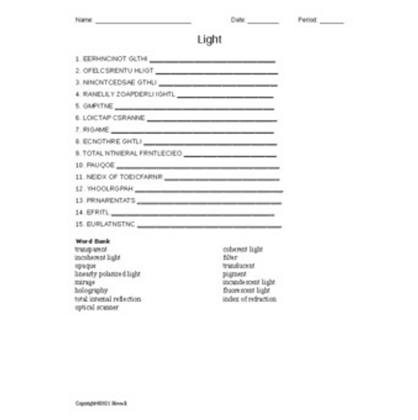 "Light" Word Scramble for Physical Science