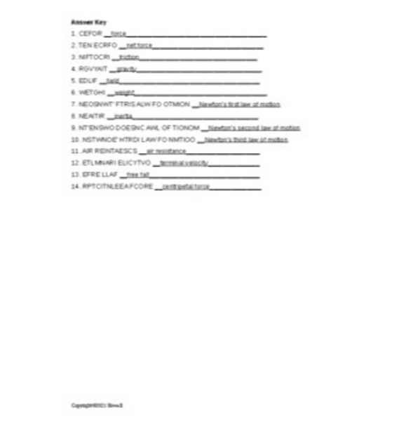 Forces and Newtons Laws Word Scramble for Physical Science