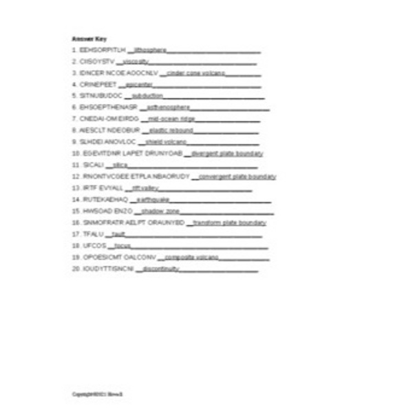 Earth's Internal Processes Word Scramble for Physical Science