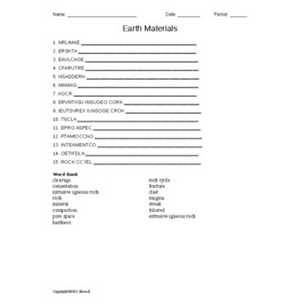 Earth Materials Word Scramble for Physical Science