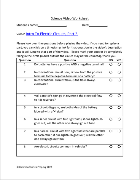 Intro to Electric Circuits, Part 2. Video sheet, Google Forms & more (V2)