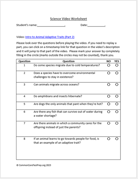 Intro to Animal Adaptive Traits, Part 2. Video sheet, Canvas, Easel & more (V4)