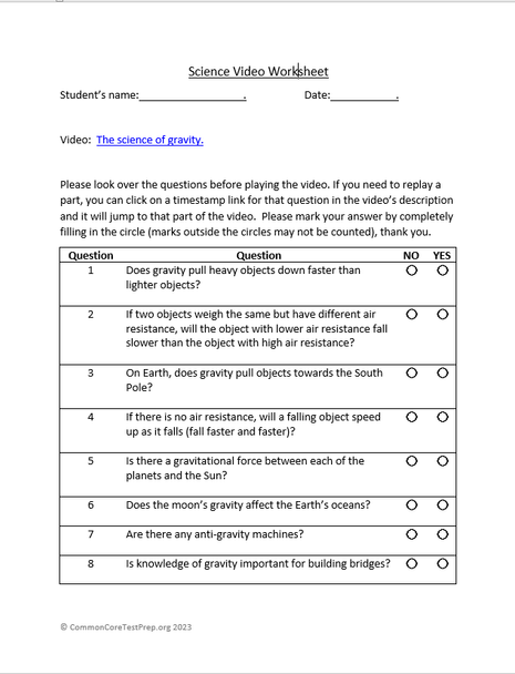 Intro to Gravity. Video sheet, Google Forms, Blackboard, Canvas, Easel & more V2