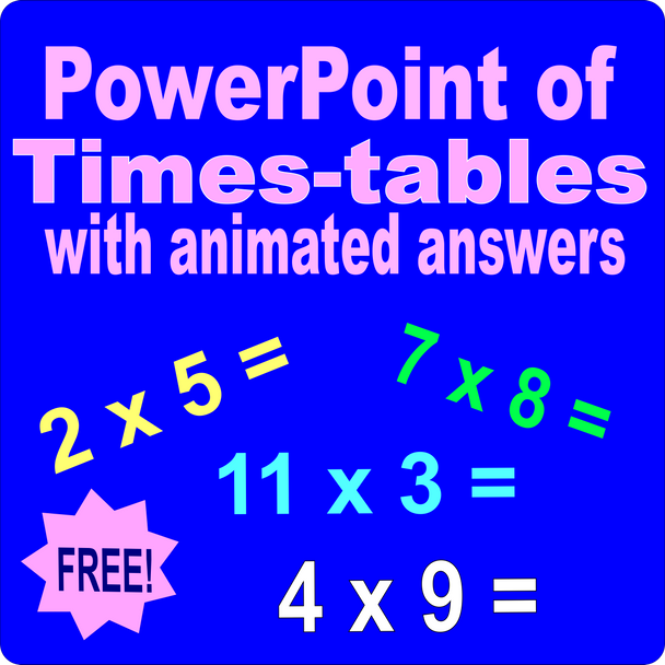 PowerPoint of times tables, multiplication tables with answers. Interactive.