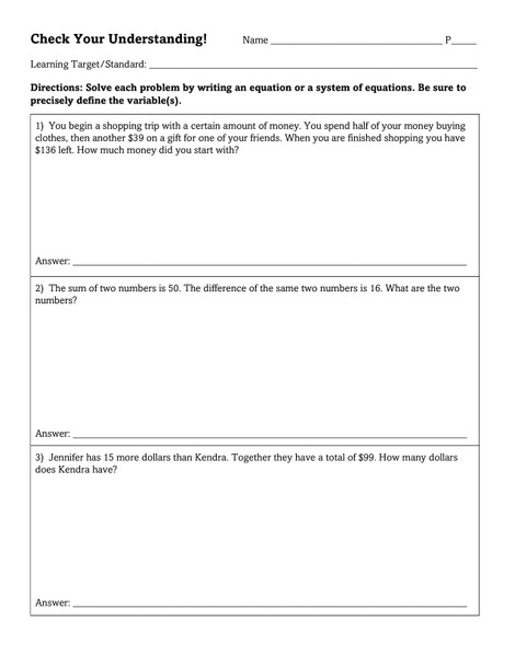 Systems Problem Solving Thin Slicing Lesson - 8th Grade Math 8.EE.8c