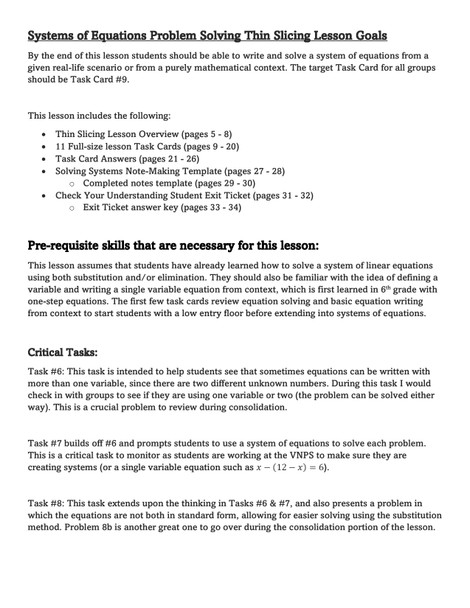 Systems Problem Solving Thin Slicing Lesson - 8th Grade Math 8.EE.8c