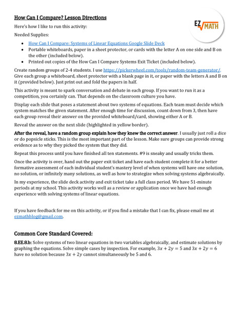 Comparing Systems of Linear Equations: Grade 8 Math