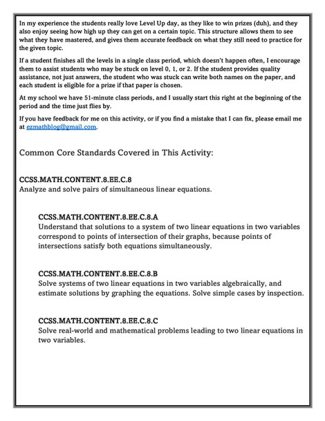 Level Ups: Math Graphing Systems of Equations 8th Grade Math