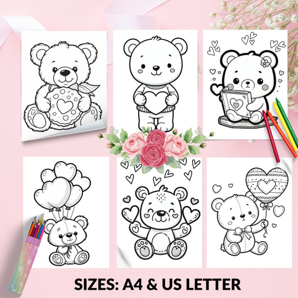 Valentine Bear Coloring Pages, Kids and Adults Easy to Challenging Designs, Cute Bears, Valentine Sweet Treats
