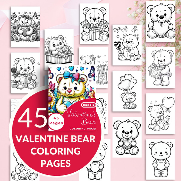 Valentine Bear Coloring Pages, Kids and Adults Easy to Challenging Designs, Cute Bears, Valentine Sweet Treats