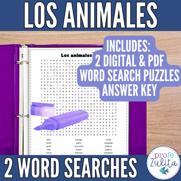 Spanish Animals Vocab Word Search - los animales búsqueda de palabras activity