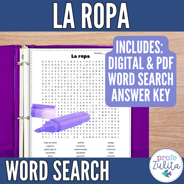 Spanish Clothing Vocabulary Word Search - la ropa búsqueda de palabras activity