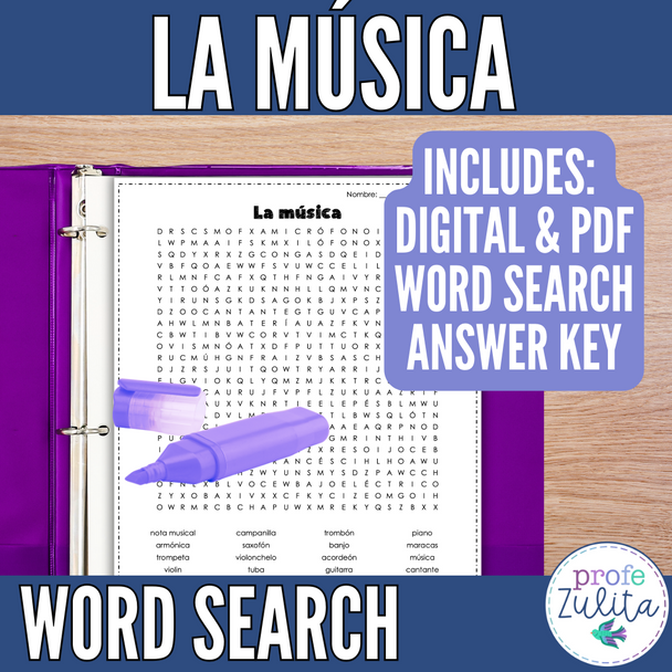 Spanish Music Vocabulary Word Search - la música búsqueda de palabras activity