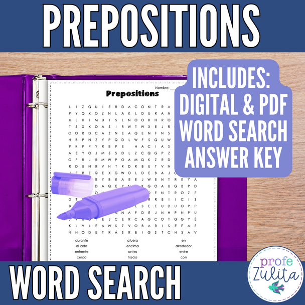 Spanish Prepositions Vocabulary Word Search - búsqueda de palabras activity