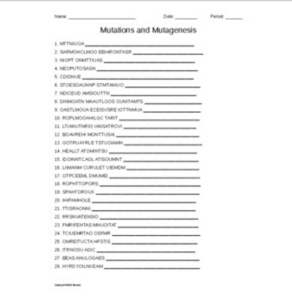 Mutations and Mutagenesis Word Scramble for Genetics