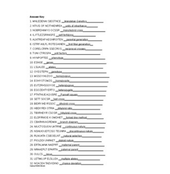 Mendelian Genetics Word Scramble for Genetics