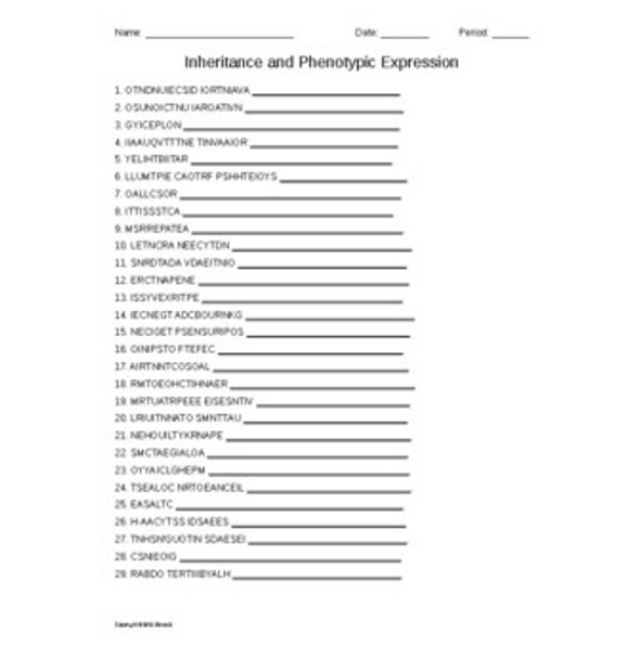 Inheritance and Phenotypic Expression Word Scramble for Genetics