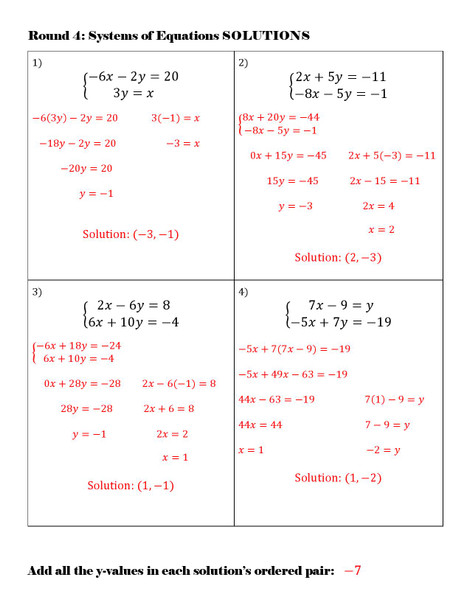 Team Target Review: Systems of Equations Group Review Activity Grade 8