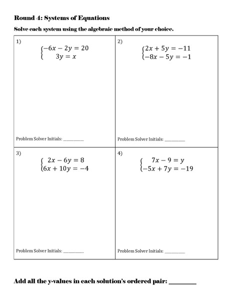 Team Target Review: Systems of Equations Group Review Activity Grade 8